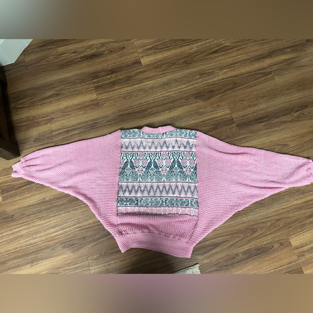 Pink Knit Sweater with Swan Peacock Floral Bird Flower Patterned Panel Vintage